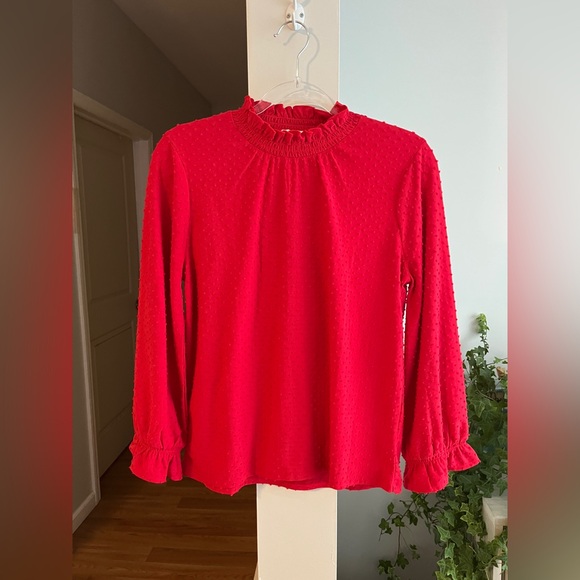 J.CREW Red Swiss Dot Mock Deck Long Sleeve Blouse - Picture 1 of 3